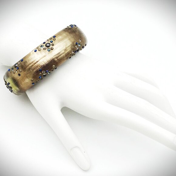 ALEXIS BITTAR EUC Brown Lucite & Multi Color Crystals Hinged Bangle Bracelet - Picture 7 of 7